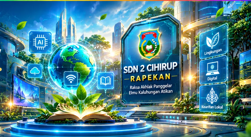 Ilustrasi digital futuristik SDN 2 Cihirup, RAPEKAN, Adiwiyata, teknologi AI, lingkungan, dan kearifan lokal